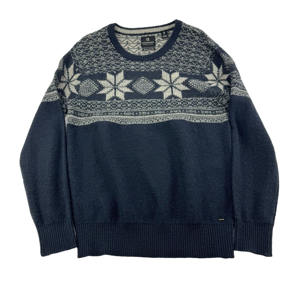 Scotch & Soda Blue w/ White Geometic Design Crewneck Wool Blend Sweater Size L - Picture 2 of 5